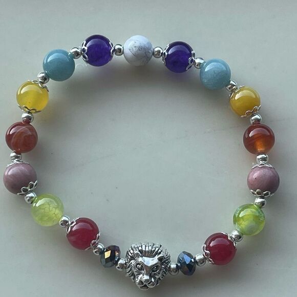 Lion head one NEW stretch bracelet beaded rainbow carnelian rhodonite Amazonite - Picture 4 of 9